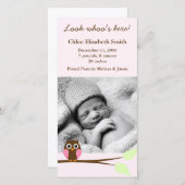 Rosa Owl Foto Geburtshinweise Ankündigung (Vorne/Hinten)