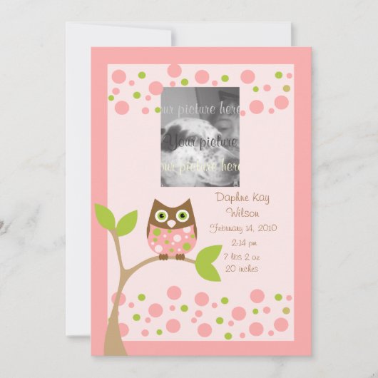 Rosa Owl Geburtsankündigung. Ankündigung (Vorderseite)
