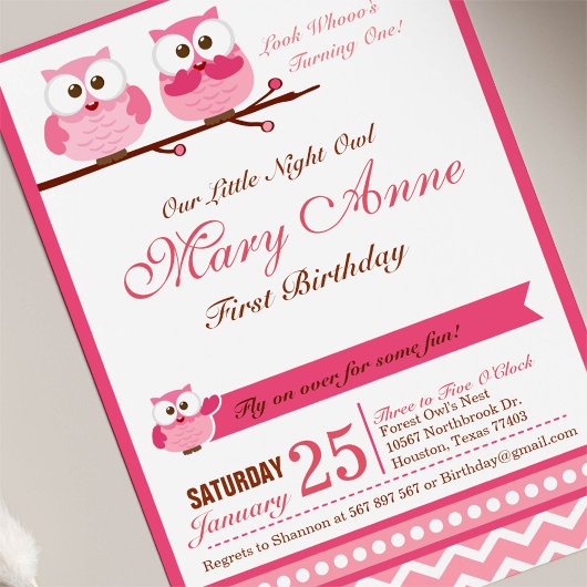 Rosa Owl Geburtstagsparty Einladung