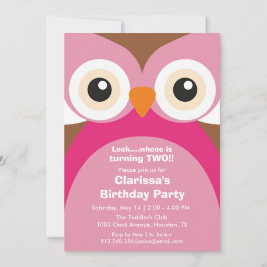 Rosa Owl Geburtstagsparty Einladung (Vorderseite)