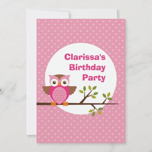 Rosa Owl Geburtstagsparty Einladung (Rückseite)