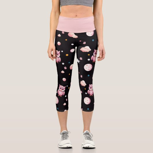 Rosa Owl Moonlight Muster Capri Leggings (Vorderseite)