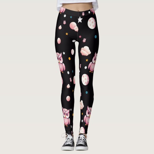 Rosa Owl Moonlight Muster Leggings (Vorderseite)