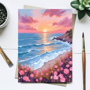 Rosa Ozean Sonnenuntergang Aquarell Blumen Malerei Postkarte