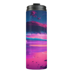 Rosa Ozean und Palmen Digitale Kunst Thermosbecher