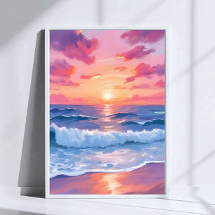 Rosa Ozeanwellen Sonnenuntergang Wasserfarbe Poster