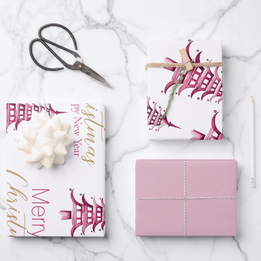 Rosa Pagode Geschenkpapier Set (Vorderseite)