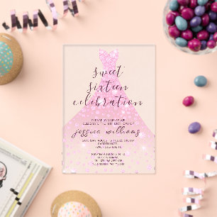 Rosa Pailletten-Ballkleid Sweet 16 Geburtstag Acryleinladungen
