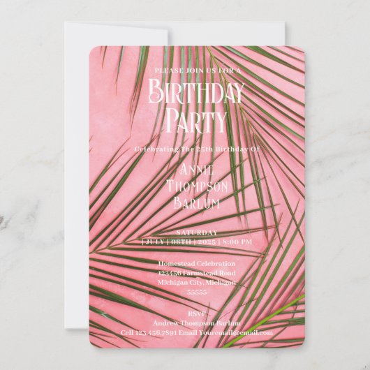 Rosa Palm Geburtstagsfeier Einladung (Vorderseite)