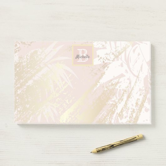 Rosa Palmblättergoldmonogramm Post-it Klebezettel (Auf Schreibtisch)