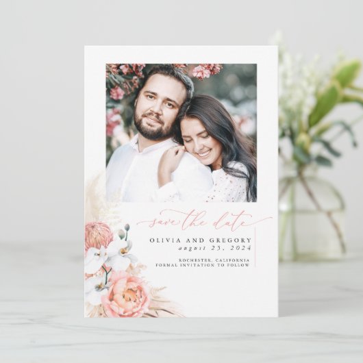 Rosa Pampas Gras Save the Date Foto (Stehend Vorderseite)