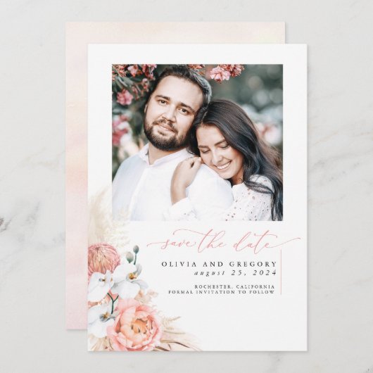 Rosa Pampas Gras Save the Date Foto (Vorne/Hinten)