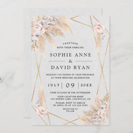 Rosa Pampas Grass Gold Hochzeit Einladung (Vorne/Hinten)