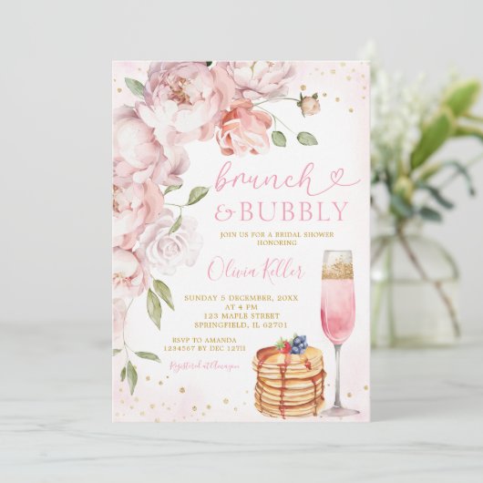 Rosa Pancake Weinbrunch Bubbly Brautparty Einladung (Stehend Vorderseite)