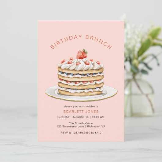 Rosa Pancakes | Niedlich Girly Birthday Brunch Einladung (Stehend Vorderseite)