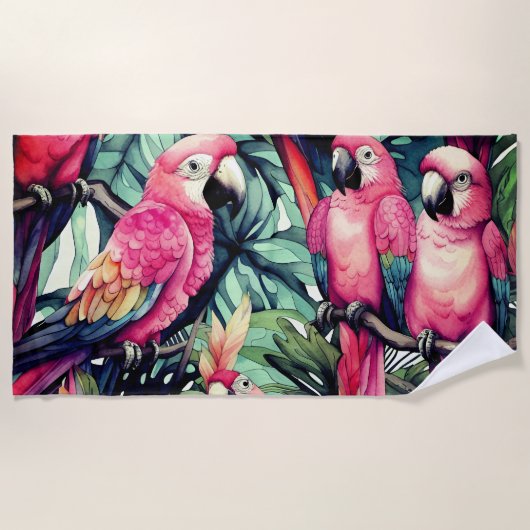 Rosa Papageien Vögel Kunst Strandtuch (Vorderseite)