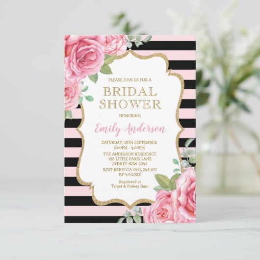 Rosa Paris Brautparty Wasserfarben Rose Hochzeit Einladung (Stehend Vorderseite)