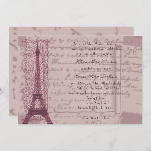 Rosa Pariser Hochzeitseinladung Einladung (Vorne/Hinten)