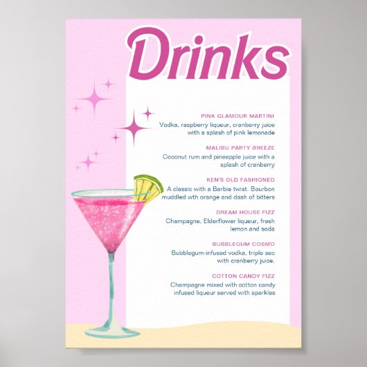 Rosa Party Bachelorette Cocktailmenü Poster (Vorne)