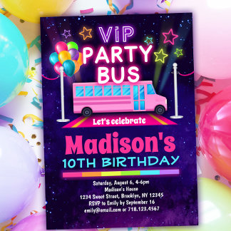 Rosa Party Bus VIP Geburtstag Einladung