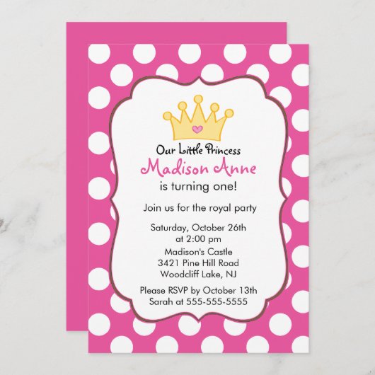 Rosa Party Einladung Prinzessin-Crown Birthday (Vorne/Hinten)