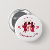Rosa Party Individuelle Name Frauentag Button (Vorne & Hinten)