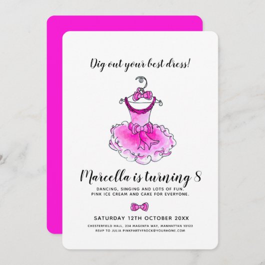 Rosa Party Kleid Mädchen Geburtstag Einladung (Vorne/Hinten)