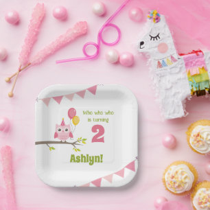 Rosa Party Owl, die 2 Tage Geburtstag dreht Pappteller