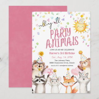 Rosa Party Tiere in Party Hats Geburtstag Einladung