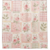Rosa Pastell Blumen- und Gingham-Quilt-Patchwork Duschvorhang (Vorderseite)