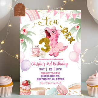 Rosa Pastell-Dinosaurier tea-rex 3. Geburtstag Einladung