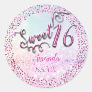 Rosa Pastell Ombre Sweet 16. Runde Glitter Funkeln Runder Aufkleber