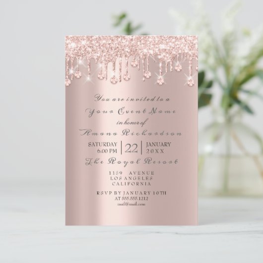 Rosa Pastell Pulver Parkplatz Glitzer Tropfen Kris Einladung (Stehend Vorderseite)