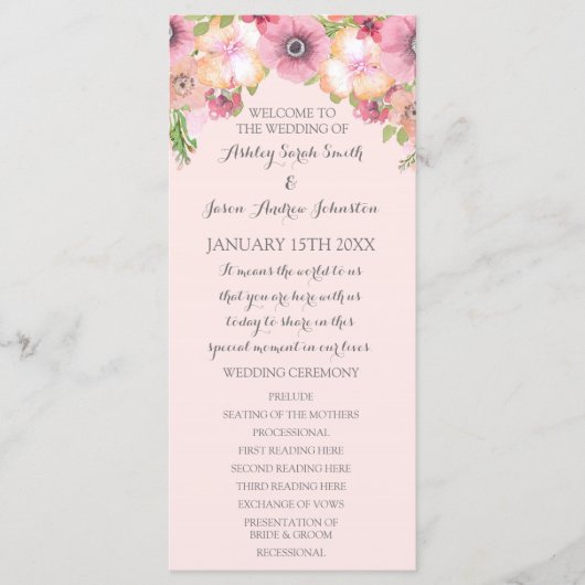 Rosa Pastell-Rouge-Blumen-Hochzeitsprogramm Programm (Vorderseite)