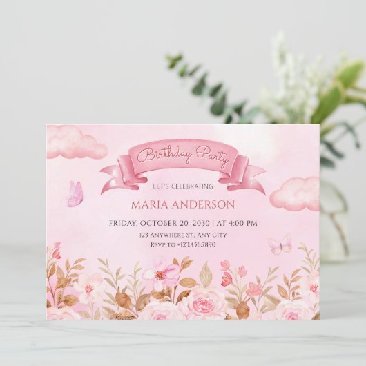 Rosa pastellfarbene Aquarellgarten Einladung (Stehend Vorderseite)