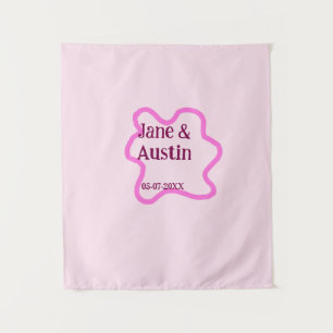 Rosa pastellfarbene Retro-Hochzeitsrahmen-Name-Dat Wandteppich