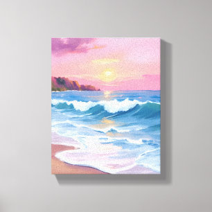 Rosa Pastellhimmel Ozean-Wasserfarbe Strandwelle Leinwanddruck