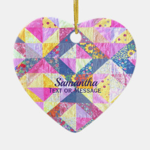 Rosa Patchwork Quilt Keramik Ornament