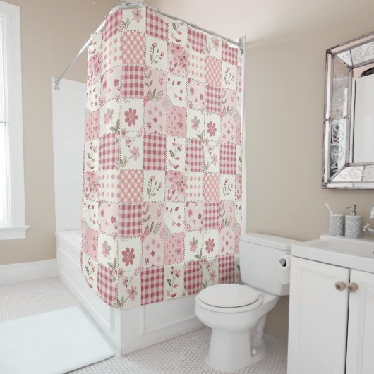 Rosa Patchwork-Quilt Ländliches Blumenmuster Retro Duschvorhang (Beispiel)