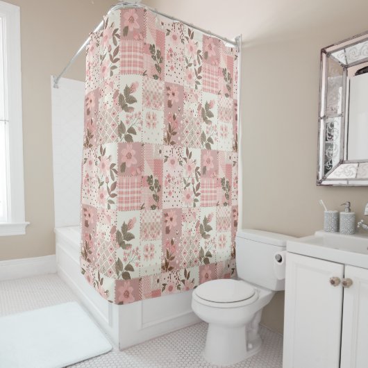 Rosa Patchwork-Quilt Ländliches Blumenmuster Retro Duschvorhang (Beispiel)