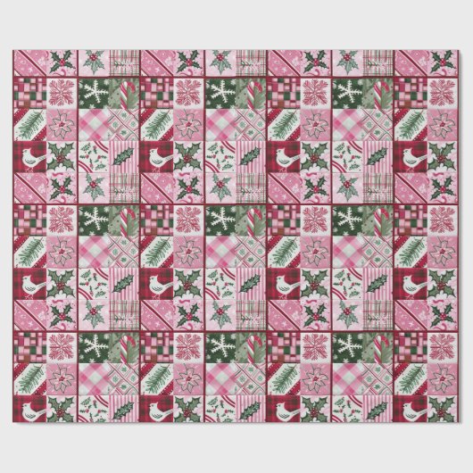 Rosa Patchwork-Quilt mit Vogel- und Holly-Blätter Geschenkpapier (Flach)