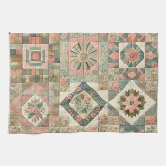 Rosa Patchwork Quilt Rustikale Blumenmuster Geschirrtuch (Horizontal)