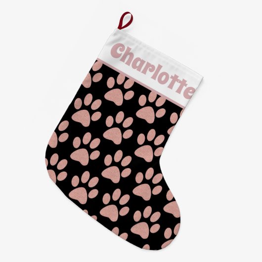 Rosa Paw-Druck auf Schwarz mit Pet-Namen Großer Weihnachtsstrumpf (Vorderansicht (hängend))