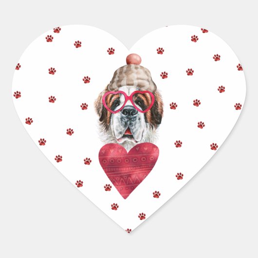Rosa Paws Saint Bernard Dog Valentine Herz-Aufkleber (Vorderseite)