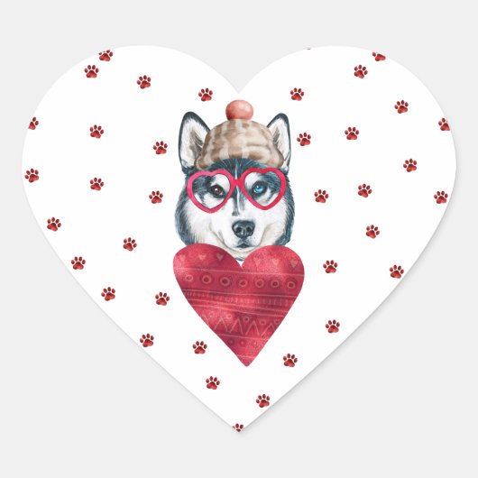 Rosa Paws Sibirischer Husky-Hund Valentinin Herz-Aufkleber (Vorderseite)