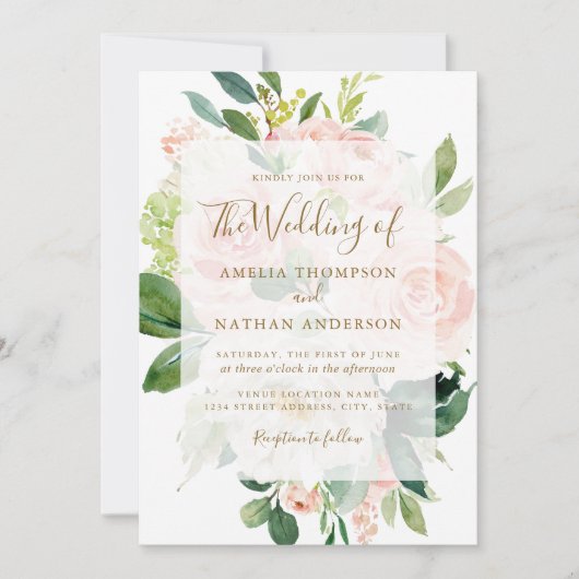 Rosa Peach Gold Blütenhochzeit Einladung (Vorderseite)