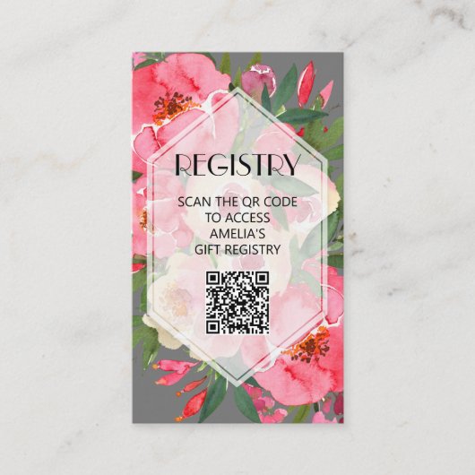 Rosa Peonies Graues Brautparty - QR-Code Begleitkarte (Vorderseite)