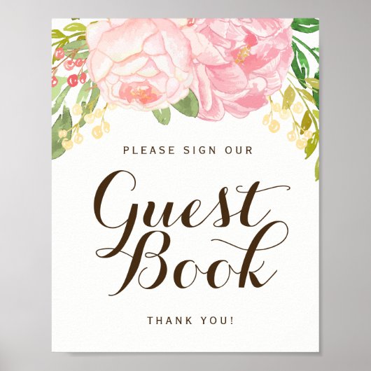 Rosa Peonies Guest Book Sign (8x10) Poster (Vorne)