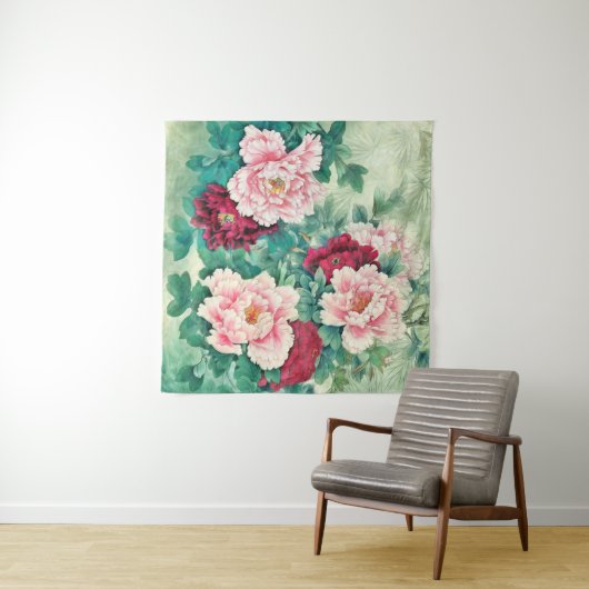 Rosa Peonies und grüne Blätter Wandteppich (Beispiel (Horizontal))
