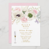 Rosa Peony Anemone Gold Brunch & Bubbly Einladung (Vorne/Hinten)